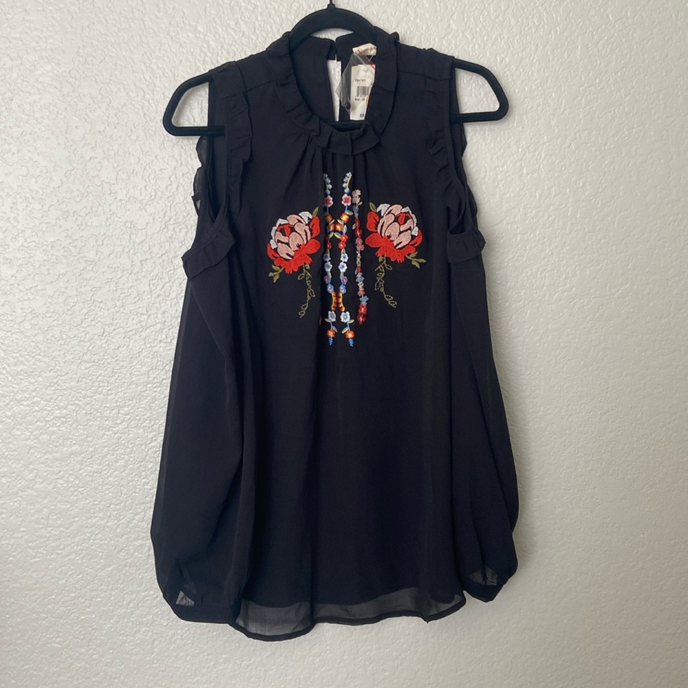 Black and Floral Cold Shoulder Long Sleeve Blouse 2XL